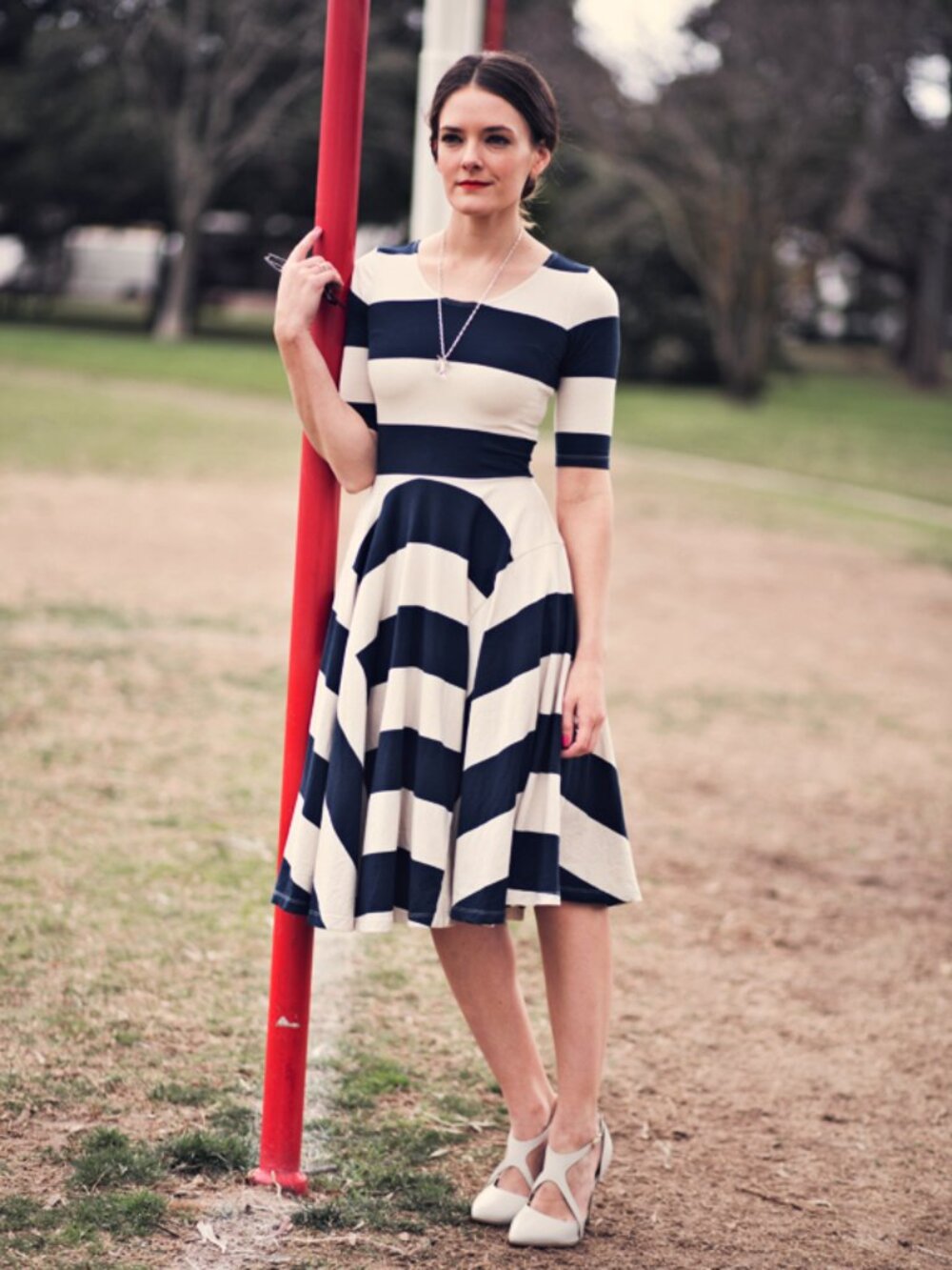 Gorman Australia Navy & Cream Chunky Stripe Midi Skater Dress